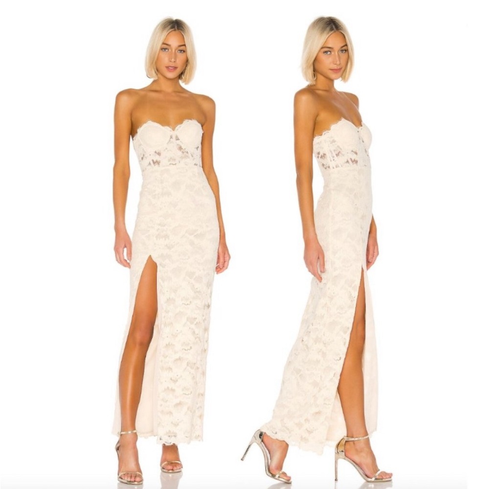 Lovers + Friends Ferraro Nude Lace Strapless Gown